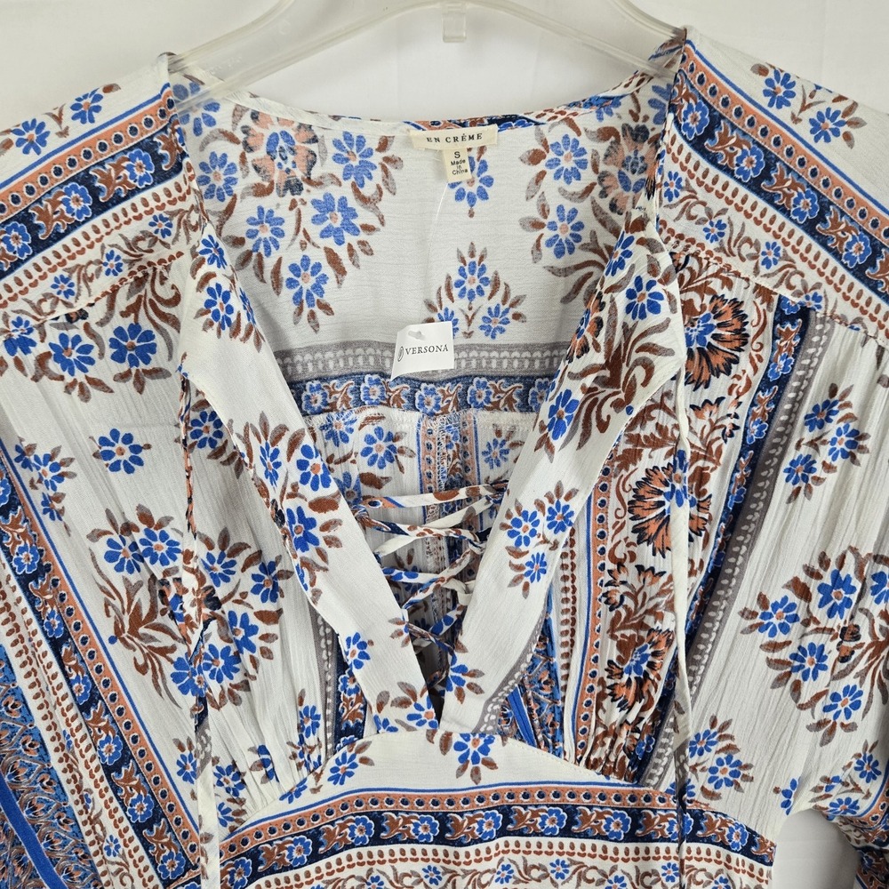 En Crème Boho Floral Paisley Maxi Dress Size‎ S Tassel Tie V-Neck Peasant Style - Picture 4 of 13